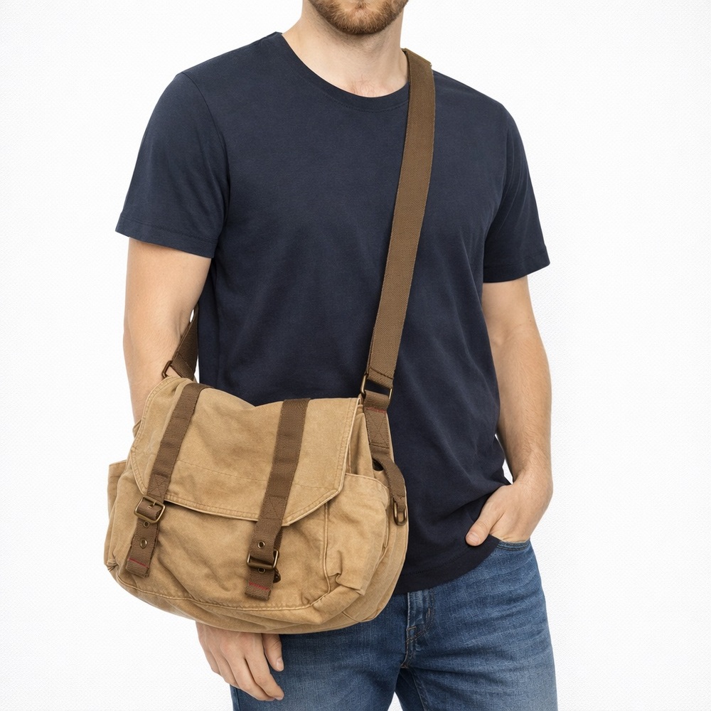 Old Navy Tan Canvas Messenger Bag with Brown Straps